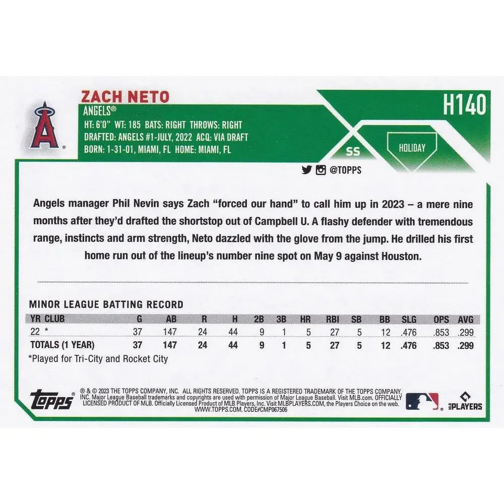 2023 Topps Holiday Zach Neto RC H140 Los Angeles Angels